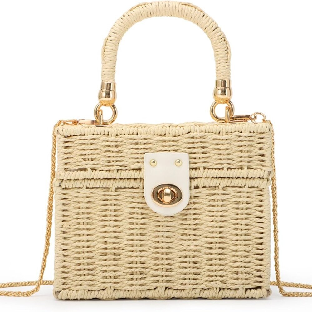 Women Handwoven Rattan Handbag Beach Straw Tote Bag Square Boho Crossbody Bag